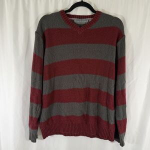 Oscar de la Renta Sweater Men's Large Red Grey Striped Vneck Knit Long Sleeve